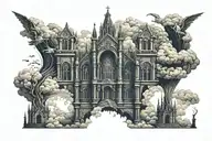 dark gothic catherdral in a hell scape  sitting on the clouds with a starcase leading to it tattoo design idea