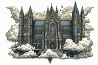 dark gothic catherdral in a hell scape  sitting on the clouds with a starcase leading to it tattoo design idea