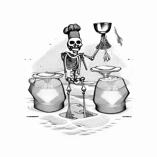 A skeleton chef cooking on an open boat made of vinyl records tattoo design idea