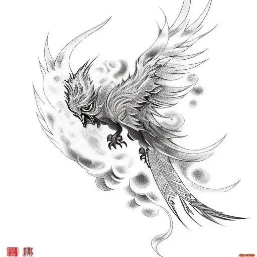 A phoenix rising from the ashes with intricate feather details tattoo design idea