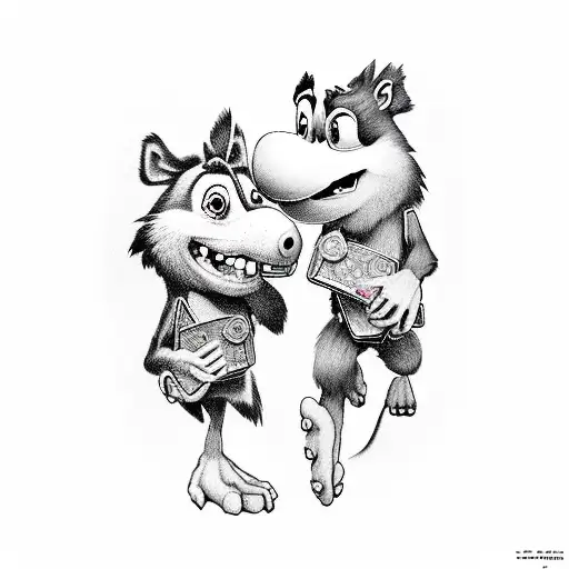 A realistic portrait of Banjo and Kazooie playing a game together tattoo design idea
