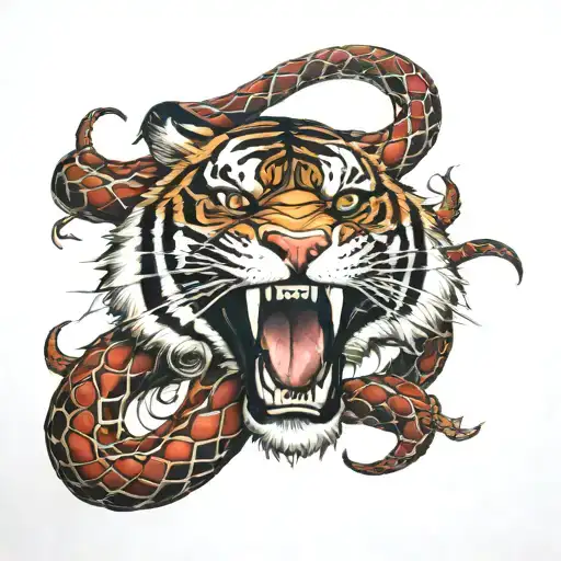 red snake in tigers mouth tattoo design idea