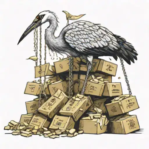 A crane lifting a pile of gold bars with intricate dotwork detailing tattoo design idea