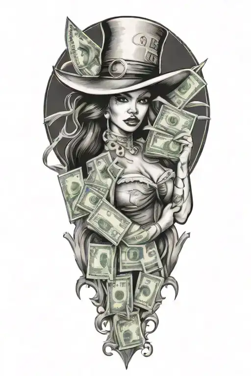 Design a tattoo featuring a stack of cash, a seductive woman, and a fierce animal symbolizing strength and independence tattoo design idea