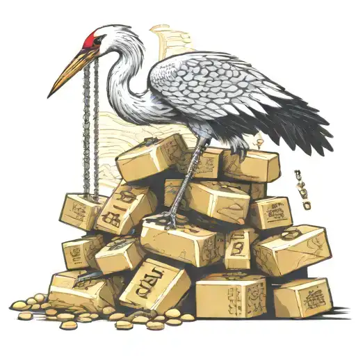 A crane lifting a pile of gold bars with intricate dotwork detailing tattoo design idea