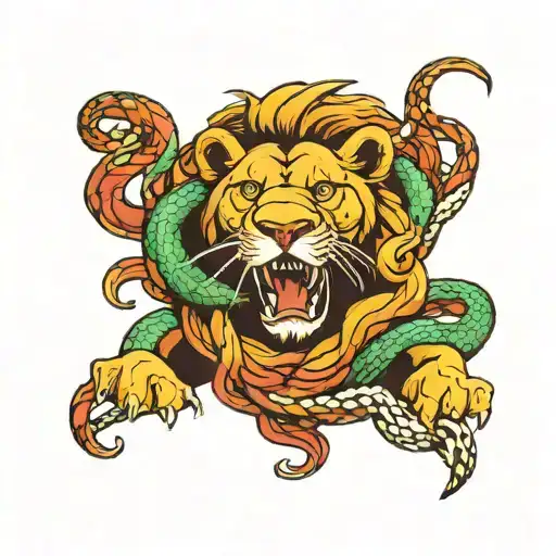 lion eat snake intertwined tattoo design idea