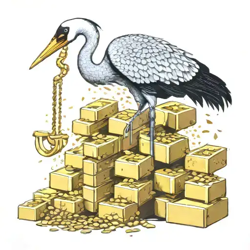 A crane lifting a pile of gold bars with intricate dotwork detailing tattoo design idea