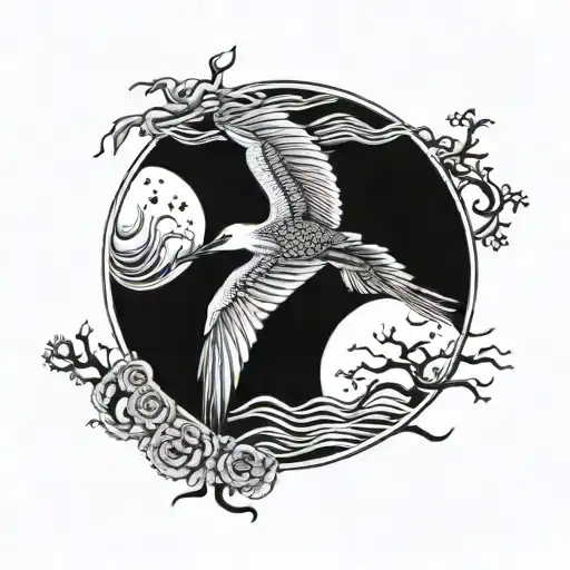 crane bird moon shining tattoo design idea