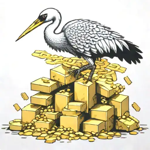 A crane lifting a pile of gold bars with intricate dotwork detailing tattoo design idea
