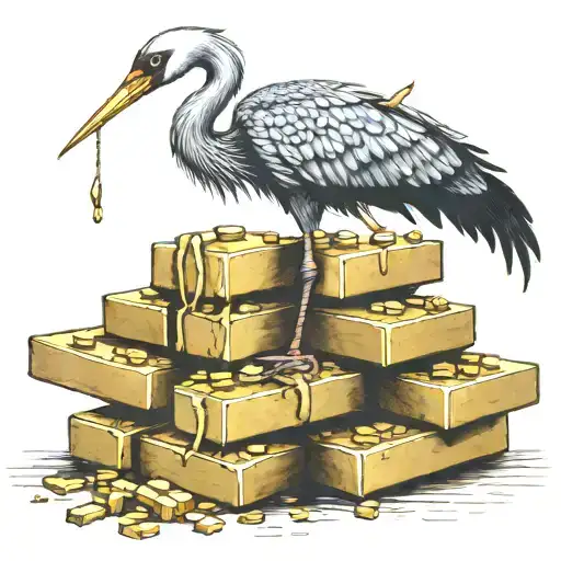 A crane lifting a pile of gold bars with intricate dotwork detailing tattoo design idea