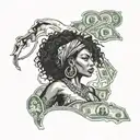 Michigan state outline with a powerful African woman in the center, surrounded by money symbols tattoo design idea