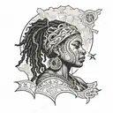 Michigan state outline with a powerful African woman in the center, surrounded by money symbols tattoo design idea