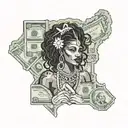 Michigan state outline with a powerful African woman in the center, surrounded by money symbols tattoo design idea