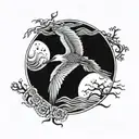 crane bird moon shining tattoo design idea