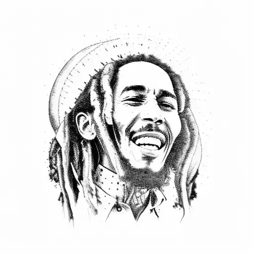 A portrait of Bob Marley surrounded by nature elements from Myanmar tattoo design idea