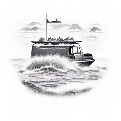 A breathtaking landscape of an African safari with a boat floating on a river tattoo design idea