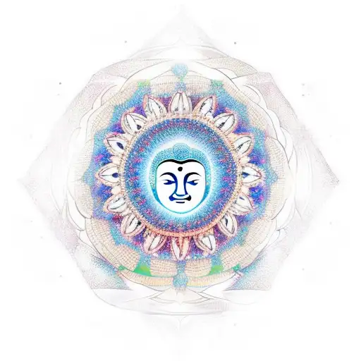A hippy-inspired mandala with a Buddha face in the center tattoo design idea