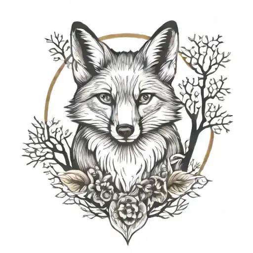 fox with tree background black and white tattoo design idea