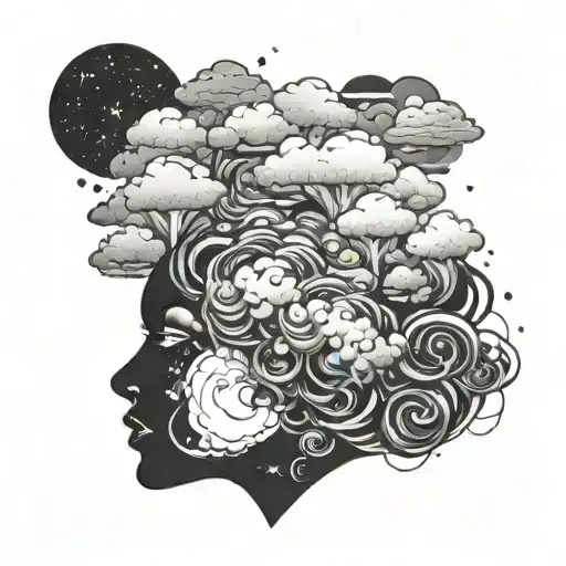 girl silhouette without face and a  thought cloud over her head. universe, magic mushrooms, smiley face in the cloud  tattoo design idea