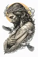 Jesus with a crown of thorns and a dove flying under him with the sun in the background  tattoo design idea