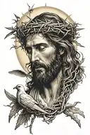 Jesus with a crown of thorns and a dove flying under him with the sun in the background  tattoo design idea