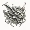 An intricately detailed gargoyle, possibly with a grotesque expression, such as those found on Gothic cathedrals tattoo design idea