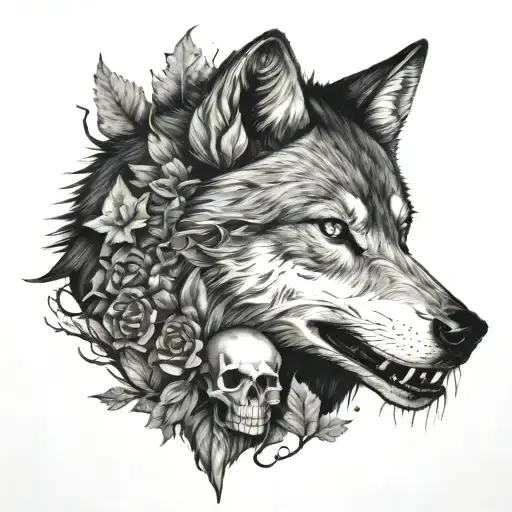 nature, mountains, wolf, skull tattoo design idea
