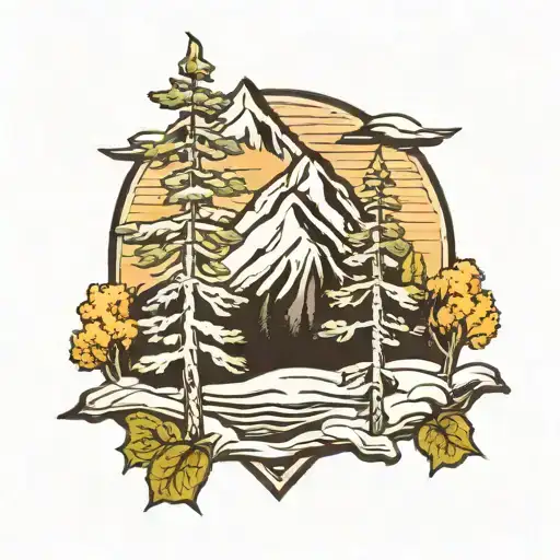 birch tree snow capped mountains tattoo design idea