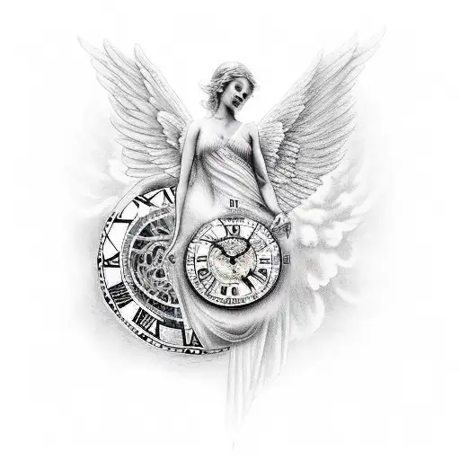 An angel holding a clock with the words 'Carpe Diem' in its wings tattoo design idea
