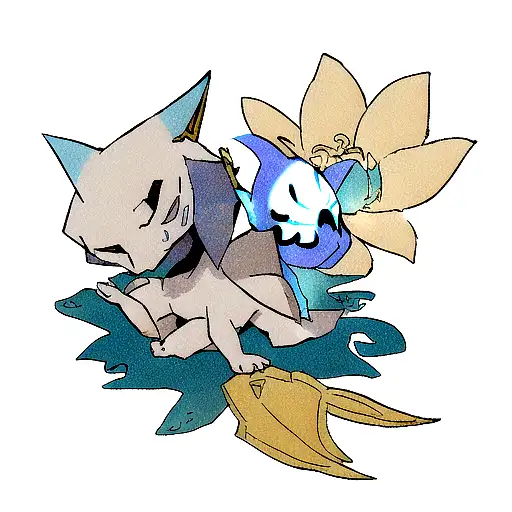 All blue Cubone resting his mask to eat a sliver and golden lotus flower looking at the night sky tattoo design idea