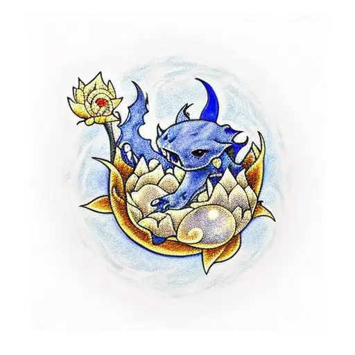All blue Cubone eating a sliver and golden lotus flower below the  night sky tattoo design idea