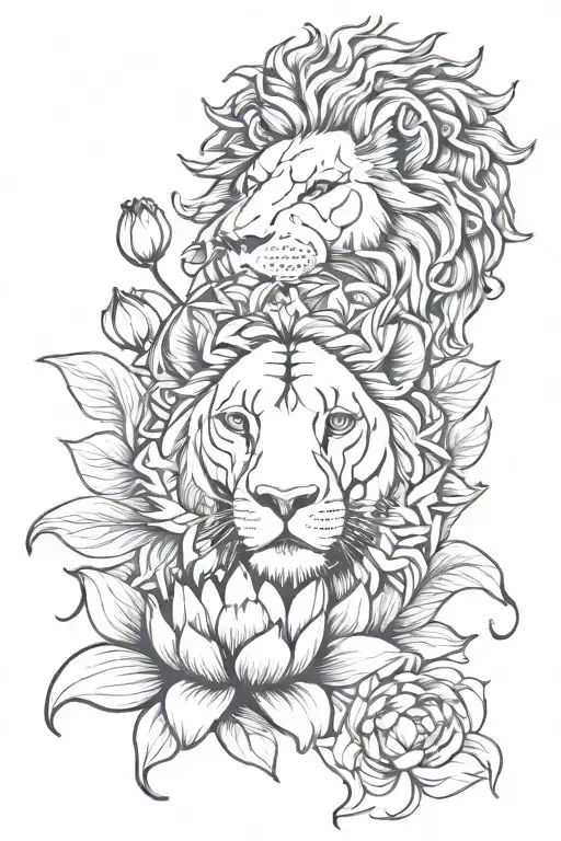 half  lion and lotus flower intertwined tattoo design idea