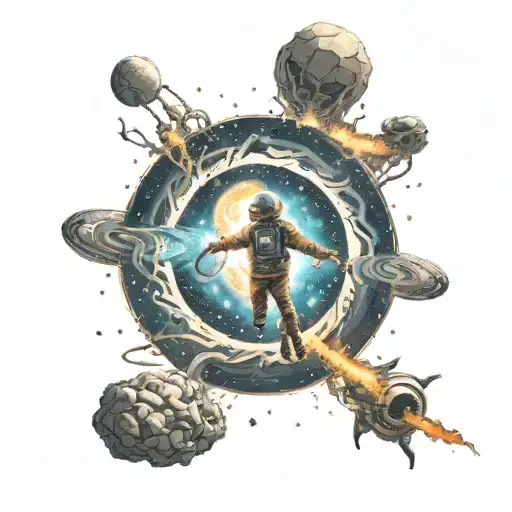 a human floating in front of a wormhole in space tattoo design idea