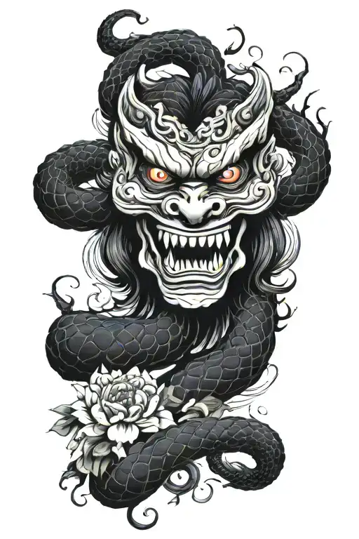 Oni mask biting snake intertwined and dahlia flower tattoo design idea