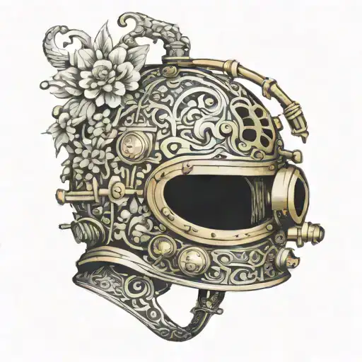 brass dive helmet adorned with intricate floral patterns tattoo design idea