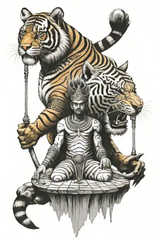 a tiger, and the egyptian gods horus and anubis holding the balance tattoo design idea