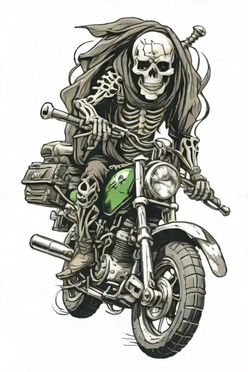 skeleton in baggy clothes riding a Kawasaki ninja tattoo design idea