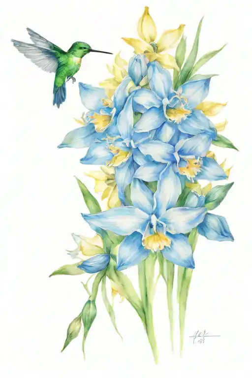 daffodils and humming birds tattoo design idea