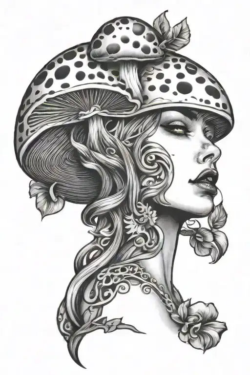 half woman half mushroom coming out of head tattoo design idea
