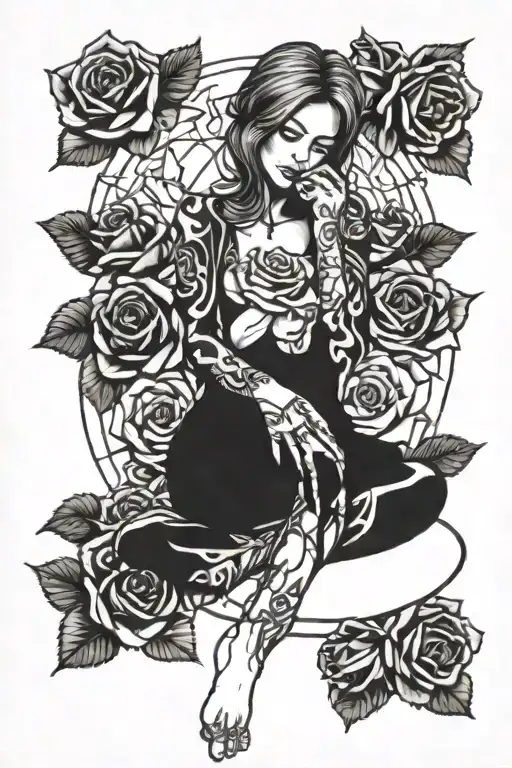bleeding nude woman sitting cross legged wrapped in roses  tattoo design idea