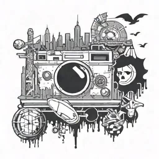 A surreal mashup of famous movie scenes set against the iconic NYC skyline, with elements of sports, video games, and comics seamlessly integrated into the composition tattoo design idea