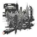 A futuristic cyberpunk cityscape with a pixelated skyline of NYC, incorporating elements of video game graphics and computer code tattoo design idea