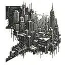 A futuristic cyberpunk cityscape with a pixelated skyline of NYC, incorporating elements of video game graphics and computer code tattoo design idea