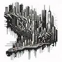 A futuristic cyberpunk cityscape with a pixelated skyline of NYC, incorporating elements of video game graphics and computer code tattoo design idea