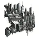 A futuristic cyberpunk cityscape with a pixelated skyline of NYC, incorporating elements of video game graphics and computer code tattoo design idea