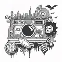 A surreal mashup of famous movie scenes set against the iconic NYC skyline, with elements of sports, video games, and comics seamlessly integrated into the composition tattoo design idea