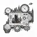 A surreal mashup of famous movie scenes set against the iconic NYC skyline, with elements of sports, video games, and comics seamlessly integrated into the composition tattoo design idea