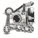 A surreal mashup of famous movie scenes set against the iconic NYC skyline, with elements of sports, video games, and comics seamlessly integrated into the composition tattoo design idea