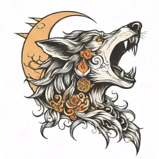 wolf growling moon woman tattoo design idea