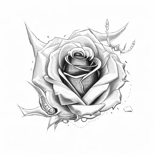 rose with skull in the center, wrapped in barbed wire tattoo design idea
